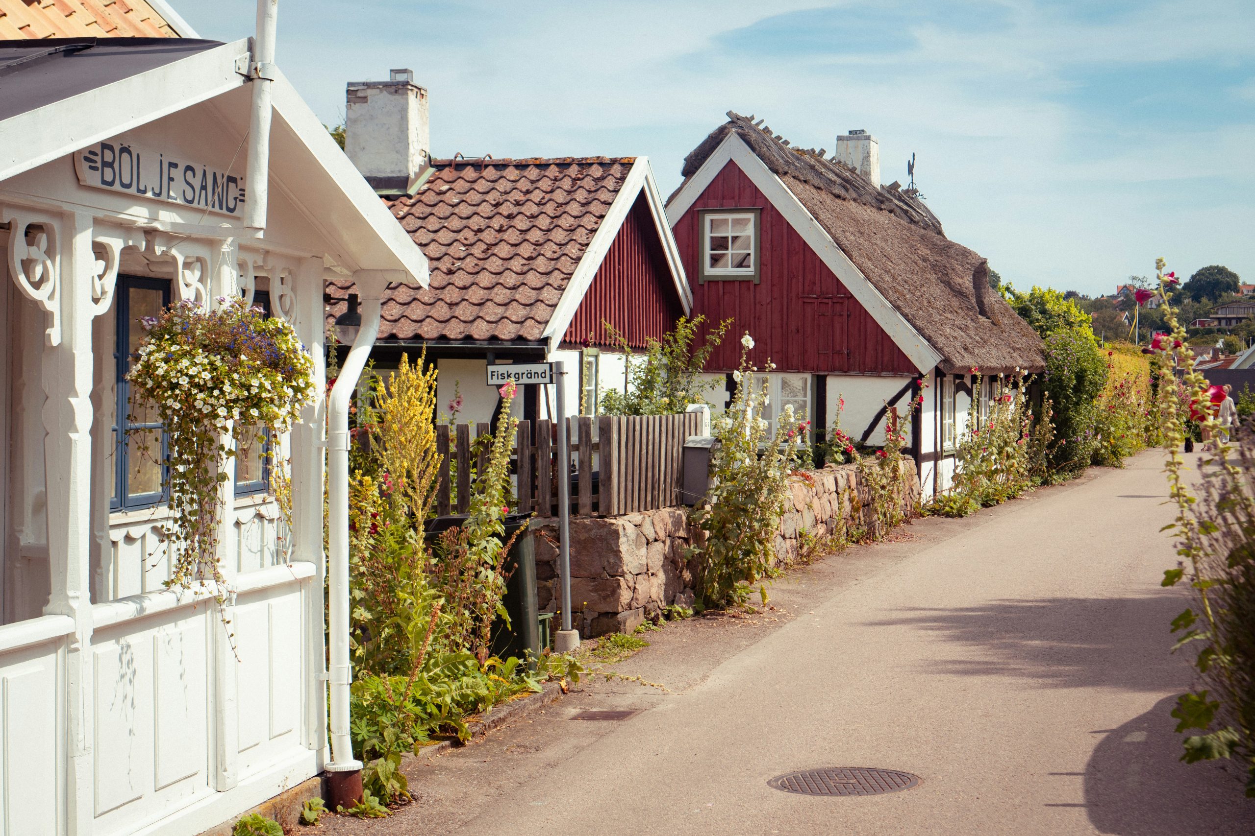 A row of houses on a street next to a fence